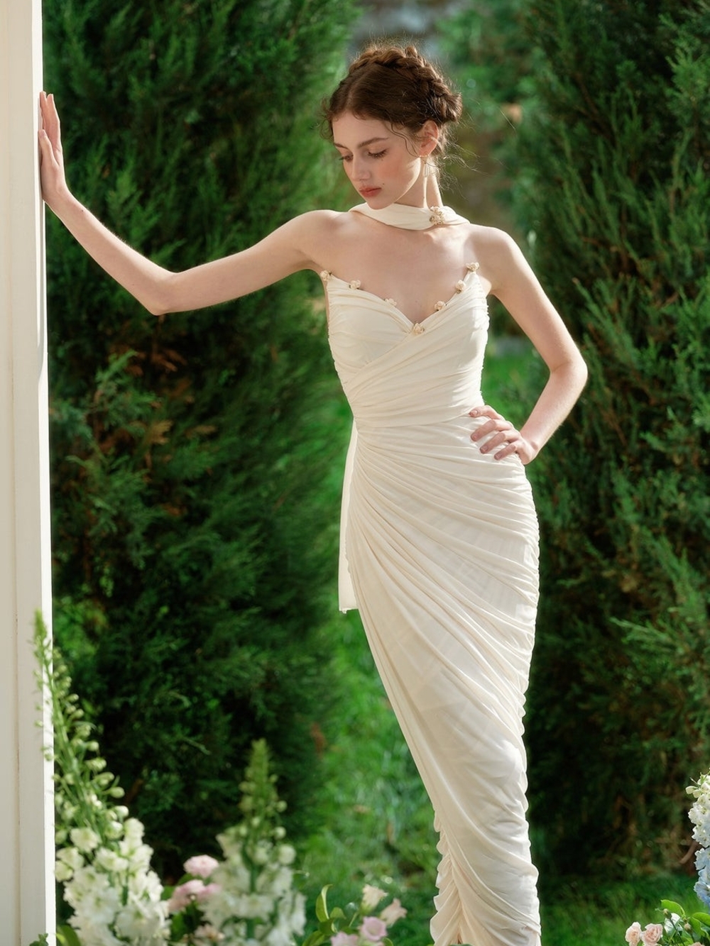 Strapless Cream Ruched Evening Gown